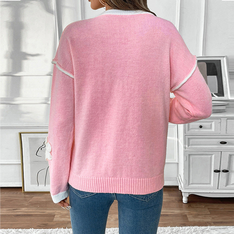 Damen V-Ausschnitt Pullover mit Blumen-Design R&B
