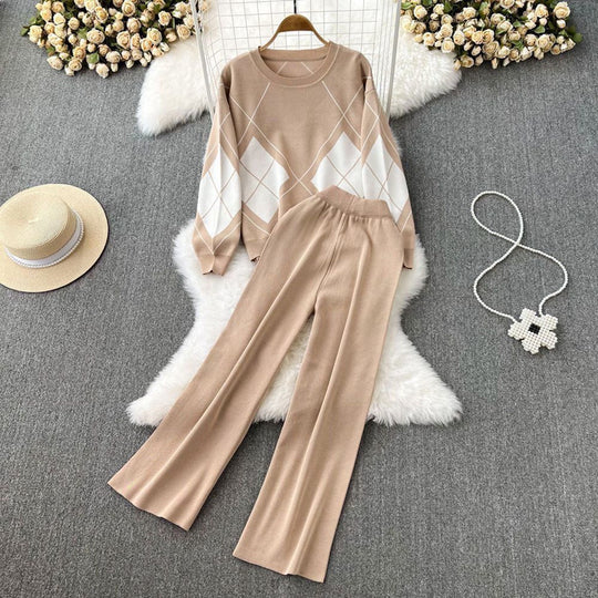 Damen elegantes Strick-Loungewear-Set mit Rautenmuster und weitem Bein R&B
