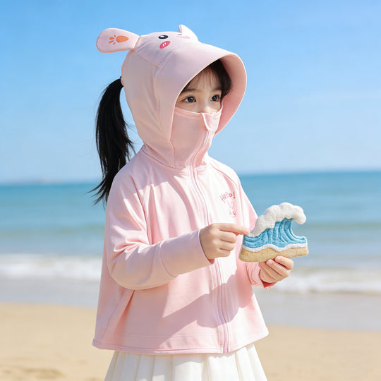 Unisex Nan Kids hoch UPF bewertete Kapuzen-Sonnen-Schutzjacke mit Reißverschluss-Gesichtsschutz und Pferdeschwanzöffnung R&B