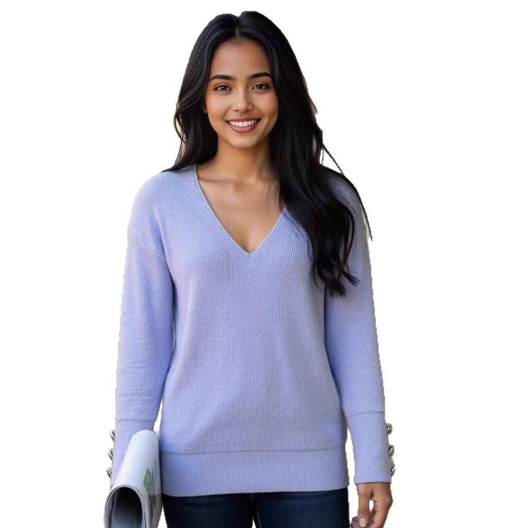 Damen V-Ausschnitt Strickpullover mit dekorativen Knöpfen R&B