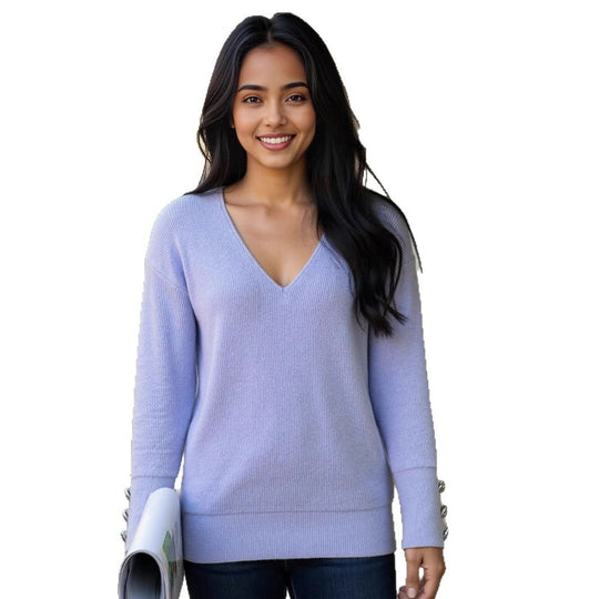 Damen V-Ausschnitt Strickpullover mit dekorativen Knöpfen R&B