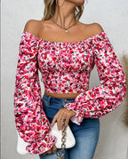 Damen Off-Shoulder Bluse mit Puffärmeln und floralen Mustern R&B