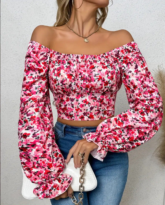 Damen Off-Shoulder Bluse mit Puffärmeln und floralen Mustern R&B