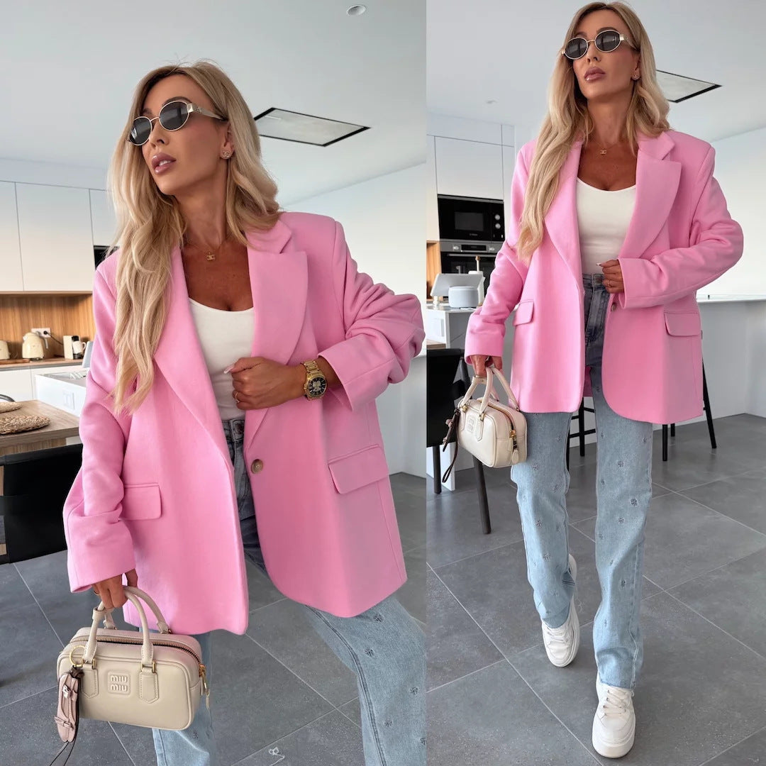 Damen Elegante Oversized Blazerjacke mit tiefem Revers und praktischen Taschen R&B