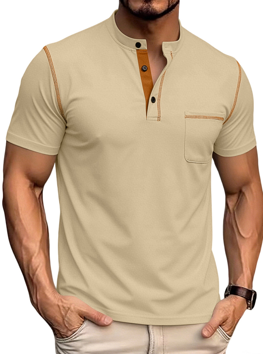 Herren nan kurzärmeliges Henley-Shirt mit Stehkragen, Brusttasche und kontrastierenden Ziernähten R&B
