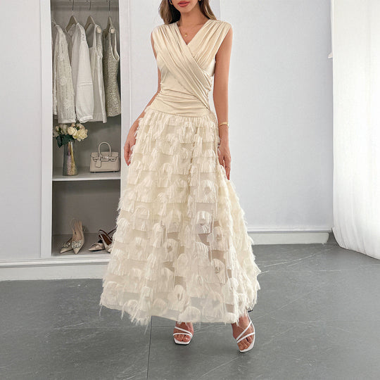 Damen Maxi-Faltenkleid mit Fransen R&B