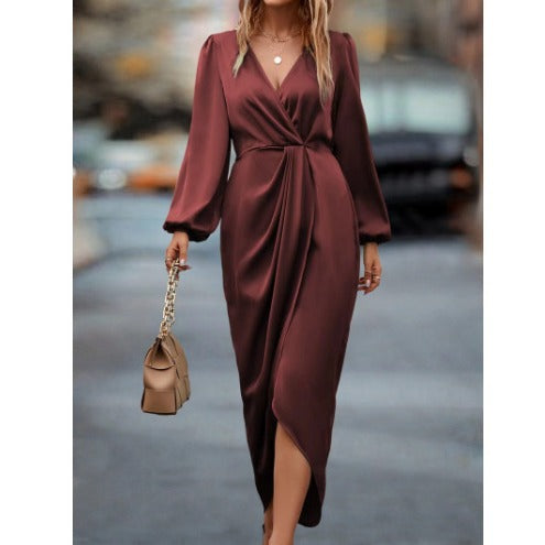 Damen nan tailliertes Drapé-Midikleid mit V-Ausschnitt Raffung Ballonärmeln und seitlichem Wickelschlitz R&B