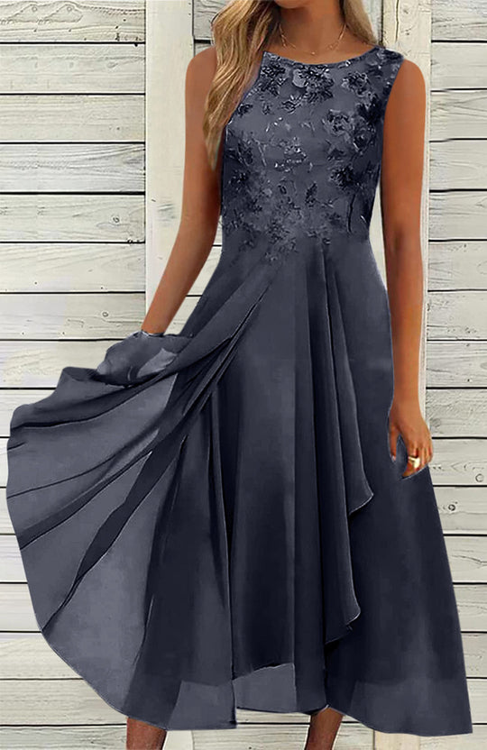 Damen nan ärmelloses Chiffon-Midikleid mit bestickter Brustpartie und asymmetrischem Lagenrock R&B