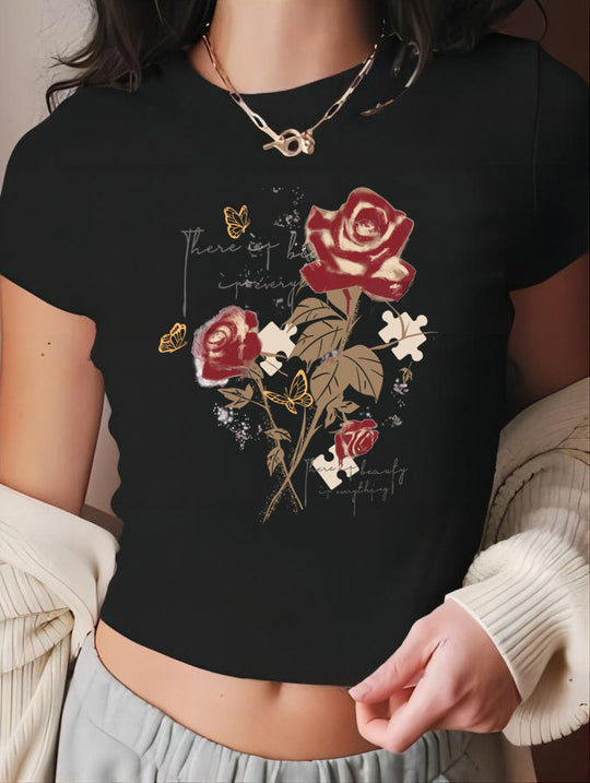 Damen Crop-T-Shirt mit künstlerischem Statementdruck R&B