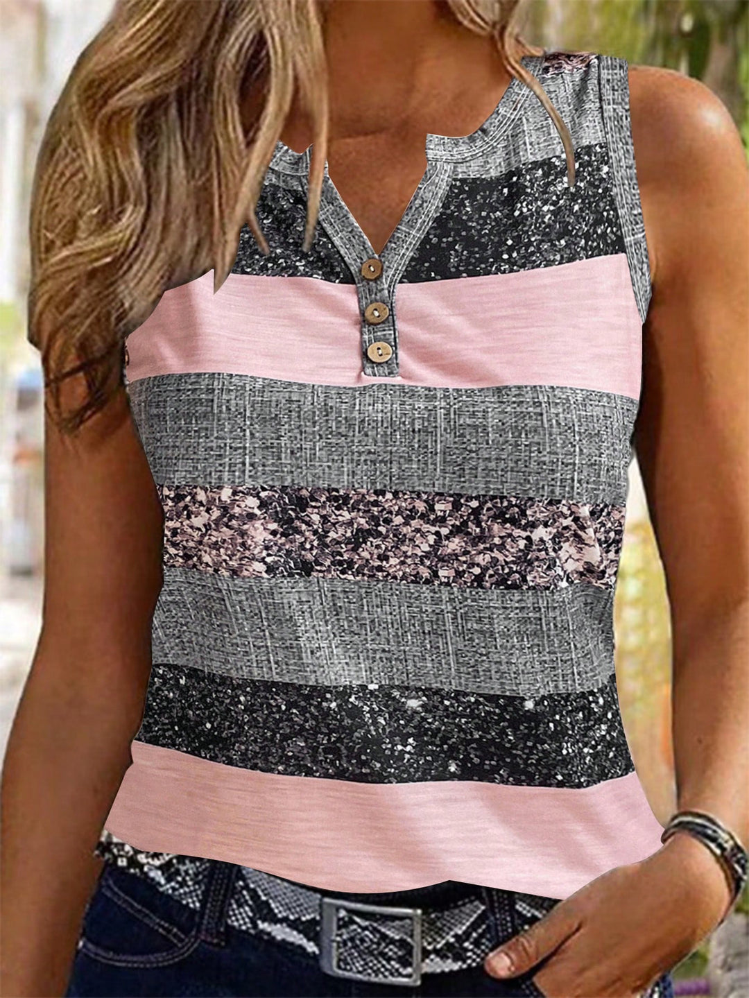 Damen Trendiges Geschlossenes Top mit Knopfleiste und vielseitigem Streifendesign R&B