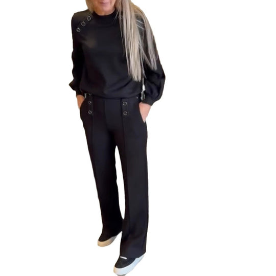 Damen nan sportlich-elegantes Jersey-Zweiteiler mit Ösenverzierung, hochgeschnittener Bundhose im Marlene-Schnitt R&B