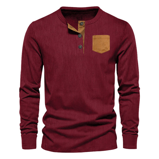 Herren Langarm-Henley-Shirt mit strukturiertem Design und dekorativer Brusttasche R&B