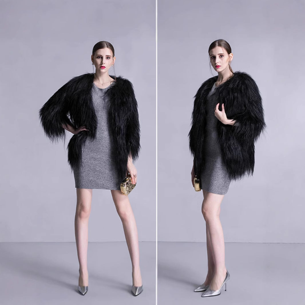 Damen Elegante Kunstpelz-Cape mit weit offenem Schnitt