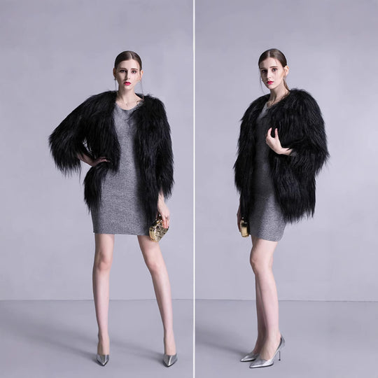 Damen Elegante Kunstpelz-Cape mit weit offenem Schnitt R&B