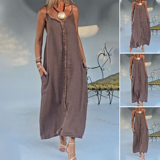 Damen nan luftiges Leinenoptik-Maxi-Trägerkleid mit fransiger Mittelnaht und Eingrifftaschen R&B