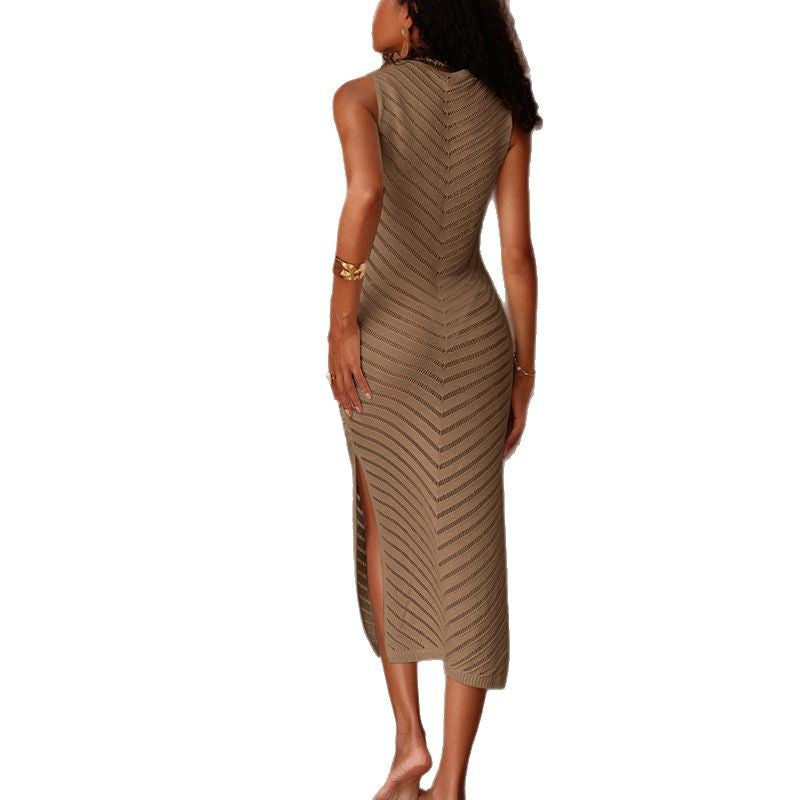 Damen Elegantes Strick-Maxikleid mit asymmetrischem Saum und seitlichem Schlitz R&B