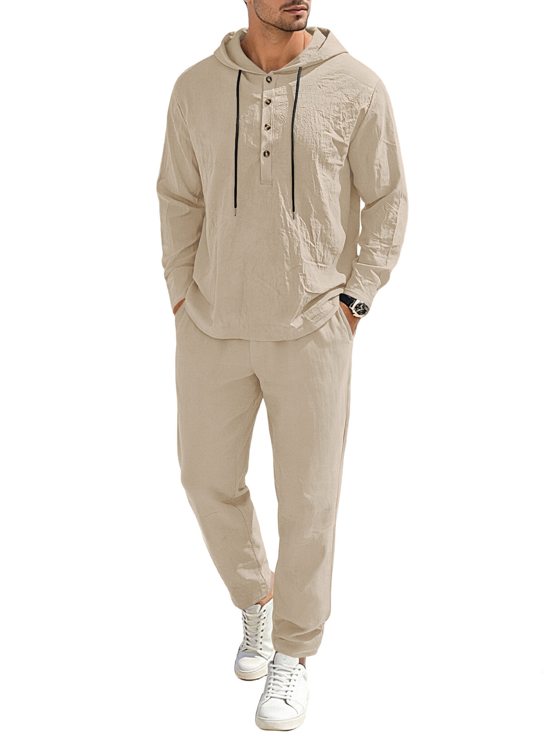Herren nan entspannter Kapuzen-Henley Freizeitanzug aus leichter Baumwollmischung in Leinenoptik mit Kordelzug und elastischer Bundhose R&B