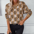 Damen lässiger Pullover mit floralem Muster und Rundhalsausschnitt