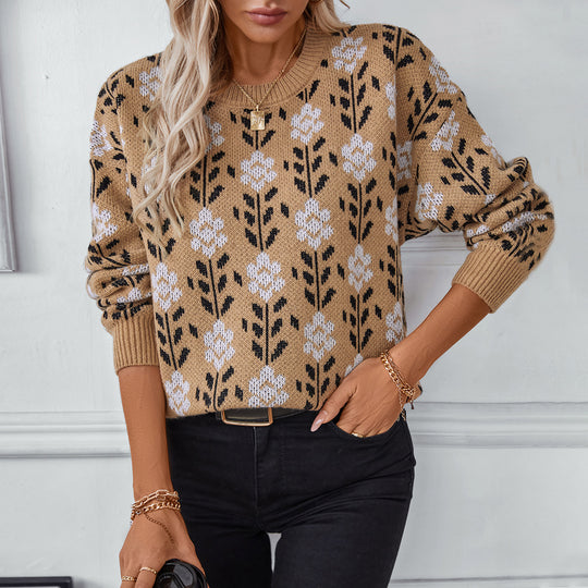 Damen lässiger Pullover mit floralem Muster und Rundhalsausschnitt R&B
