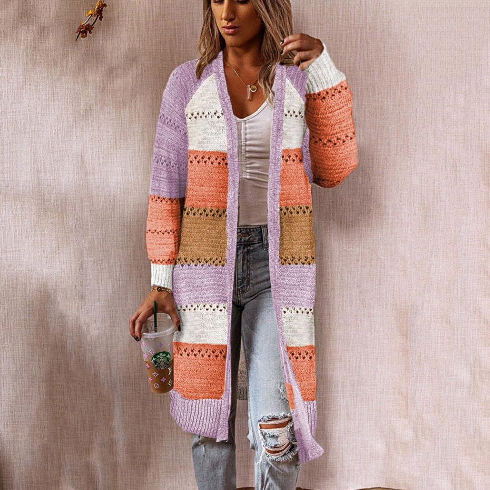 Damen Strickjacke im Retro-Patchwork-Stil mit langen Ärmeln und offenen Front R&B