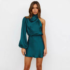 Damen Premium One-Shoulder Minikleid aus Satin mit eleganten Raffungen R&B