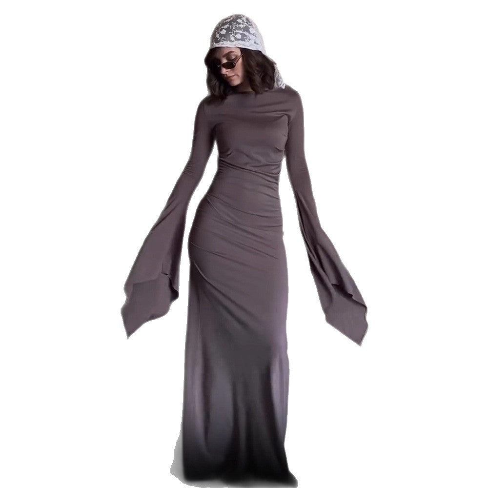 Damen elegantes Maxi-Kleid mit schwingenden Ärmeln und raffinierten Drapierungen R&B