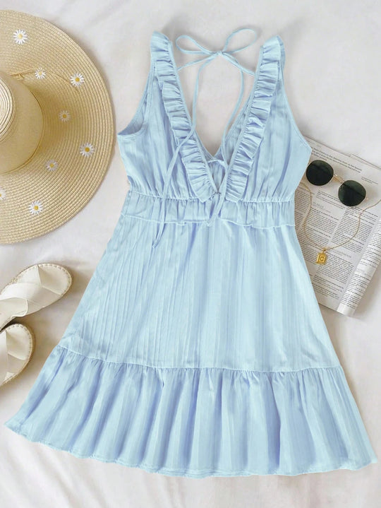 Damen luftiges Sommerkleid mit Volantdetails und verstellbarem Rückenschnürung R&B