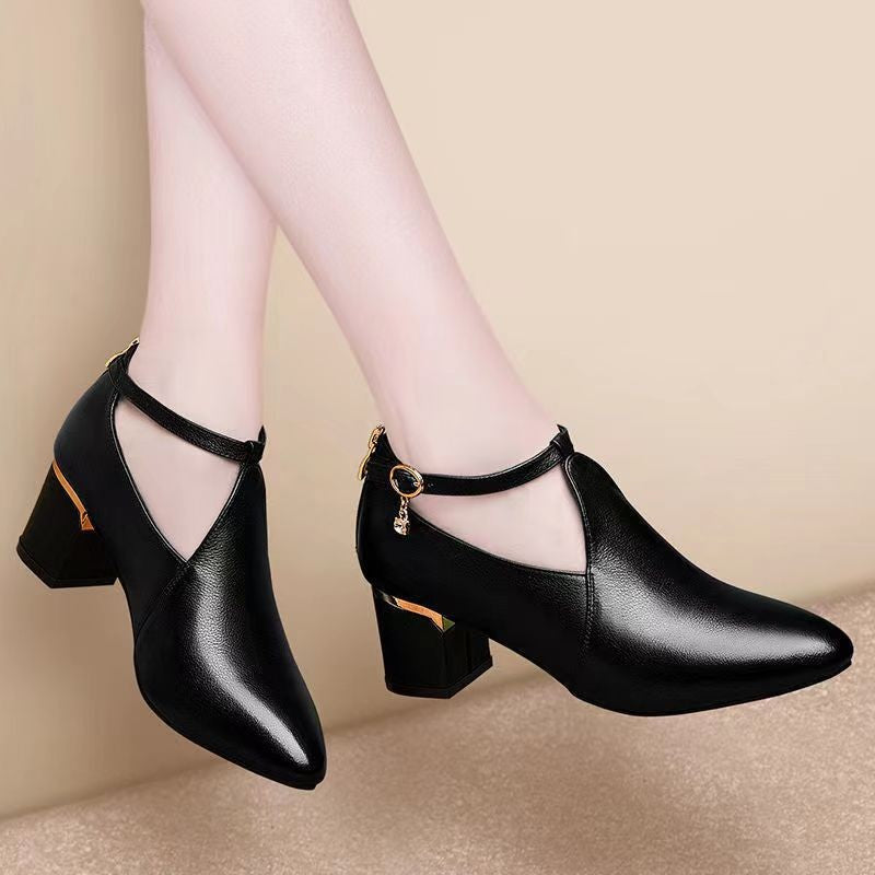 Damen nan spitz zulaufende Pumps mit Cut-Out, Knöchelriemchen, Fersenreißverschluss und mittelhohem Blockabsatz R&B