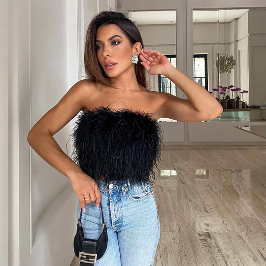 Damen Glamouröses Plüsch-Top mit abnehmbaren Trägern und fransigen Details R&B