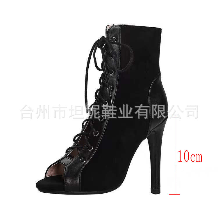 Damen Offene Zehen-Stiefeletten mit elegantem Schnürdesign und hohem Absatz R&B