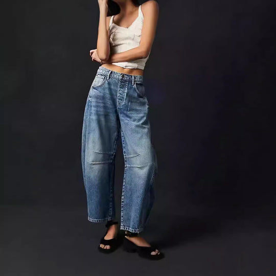 Damen Weite Denim-Hose mit hohem Bund und lässigen Details R&B