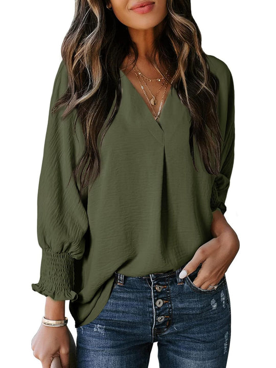 Damen V-Ausschnitt Bluse mit lässigen Ballonärmeln und Rüschendetails R&B
