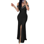 Damen elegantes Maxikleid mit schulterfreien Ärmeln und tiefem Schlitz R&B