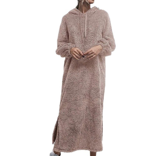 Damen Flauschiger Fleece-Hoodie-Kleid mit Ohren und seitlichen Schlitzen R&B