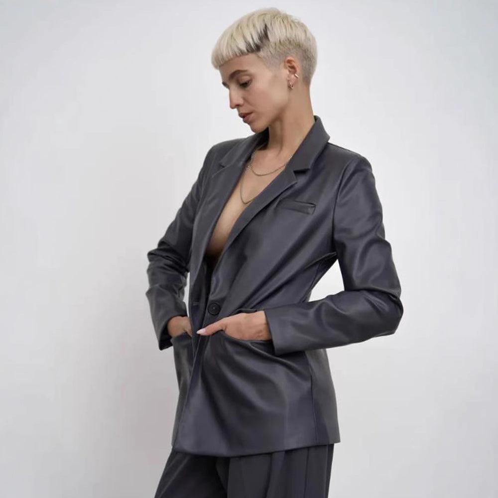 Damen minimalistische und elegante Kunstleder Blazer R&B