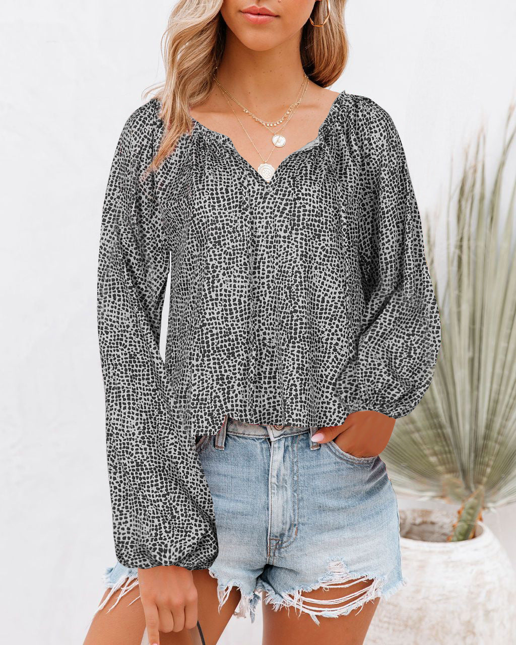 Damen Luftiges Oberteil mit voluminösen Ärmeln und modernem Punktdesign R&B