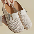 Damen nan gestrickter Clog-Mule mit doppelter Metallschnalle, atmungsaktivem 3D-Strickoberteil und ergonomischem Memory-Fußbett R&B