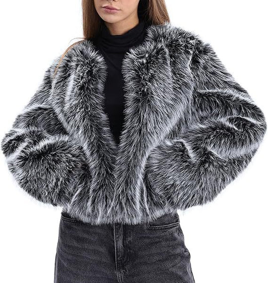 Damen Plush-Cropped-Jacke mit elegantem Fellbesatz R&B