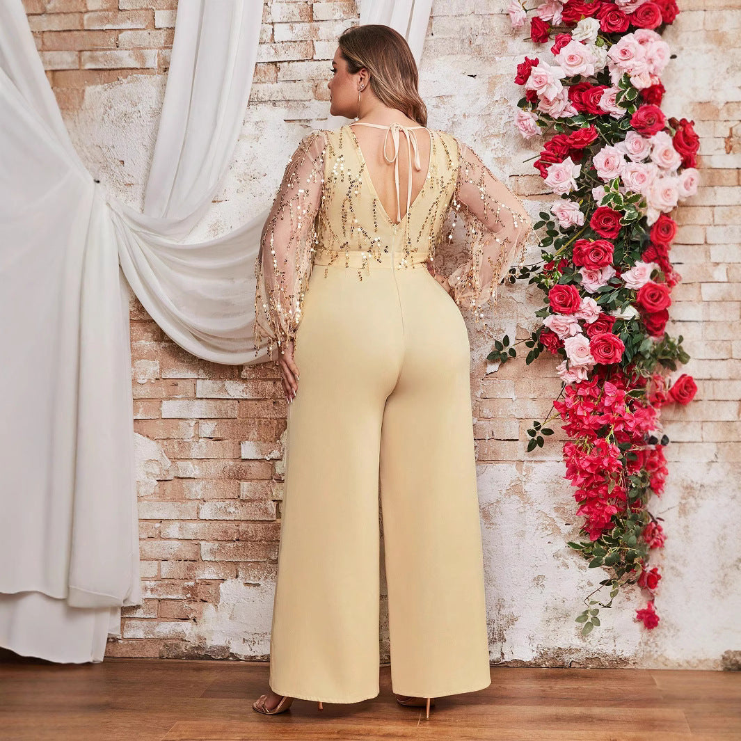 Damen Jumpsuit mit funkelnden Verzierungen und transparenten Ärmeln R&B