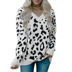 Damen Pullover mit Leopardenmuster und V-Ausschnitt R&B