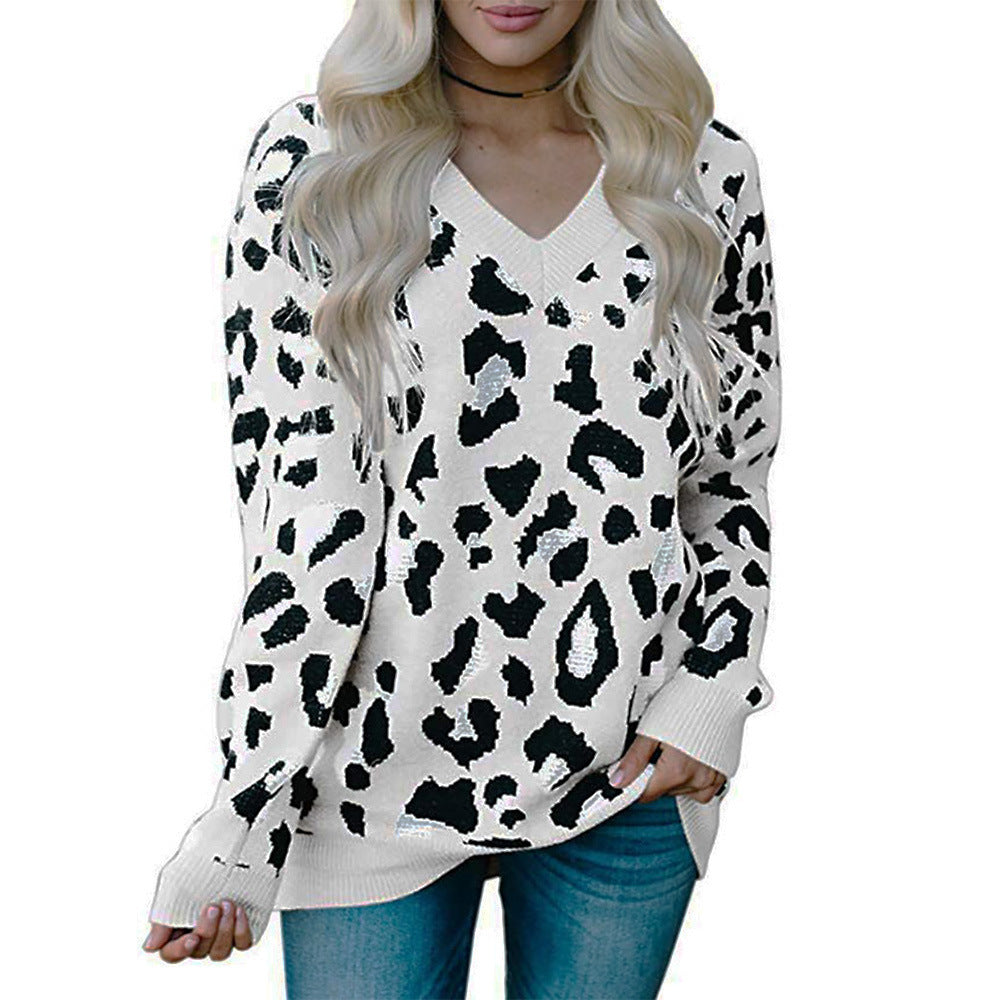Damen Pullover mit Leopardenmuster und V-Ausschnitt R&B