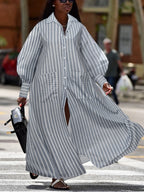 Damen Maxikleid mit eleganter Knopfleiste und modischen Puffärmeln R&B