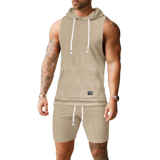 Herren nan ärmelloses Kapuzenweste-Set aus strukturiertem Baumwollmix mit Kängurutasche und Tunnelzug-Shorts R&B