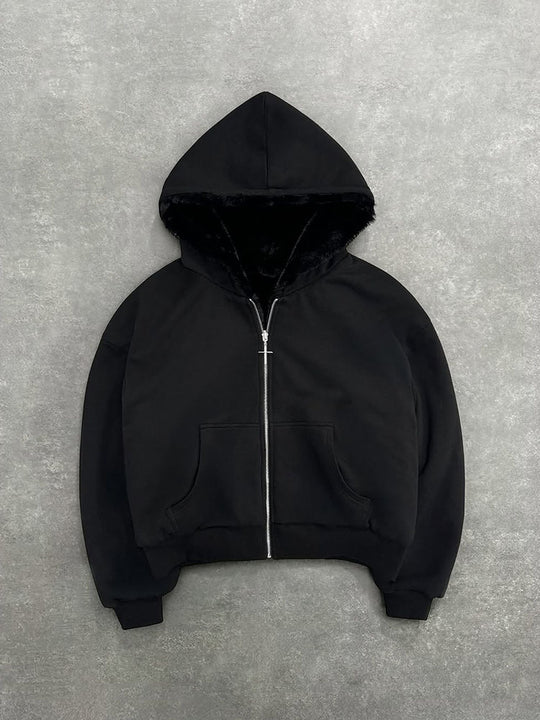 Damen nan kurze Kapuzenjacke mit Kunstfellfutter, Reißverschluss und Kängurutasche R&B