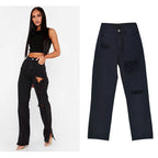 Damen lässige Ripped Jeans mit hoher Taille und modernen Fransen R&B