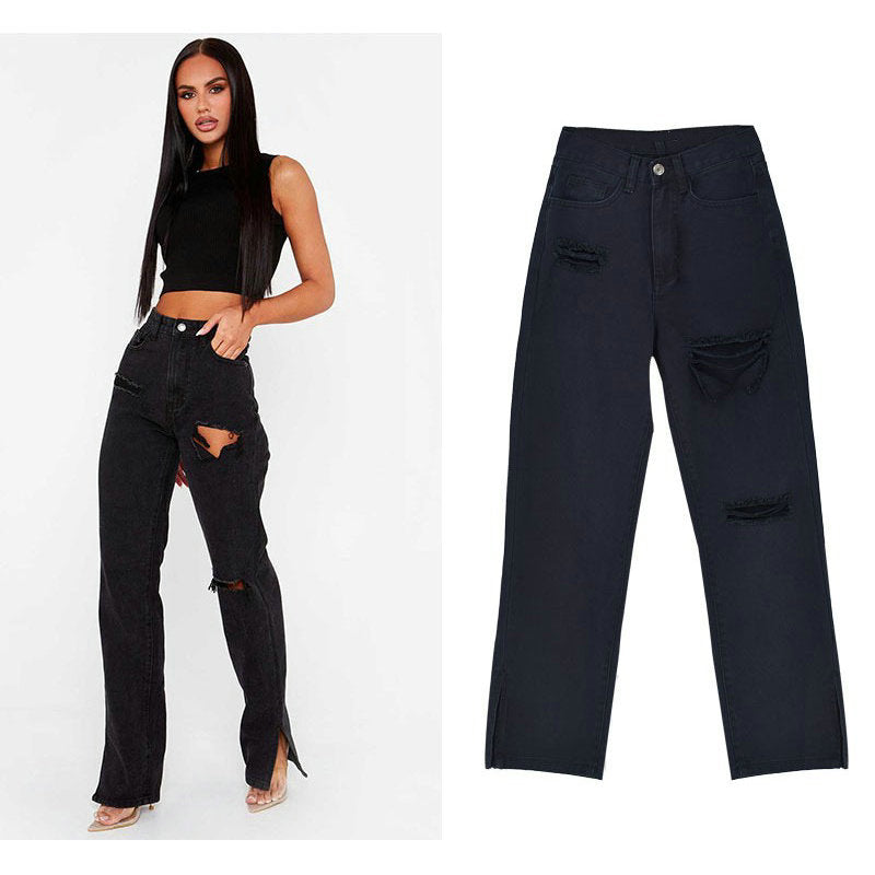 Damen lässige Ripped Jeans mit hoher Taille und modernen Fransen R&B
