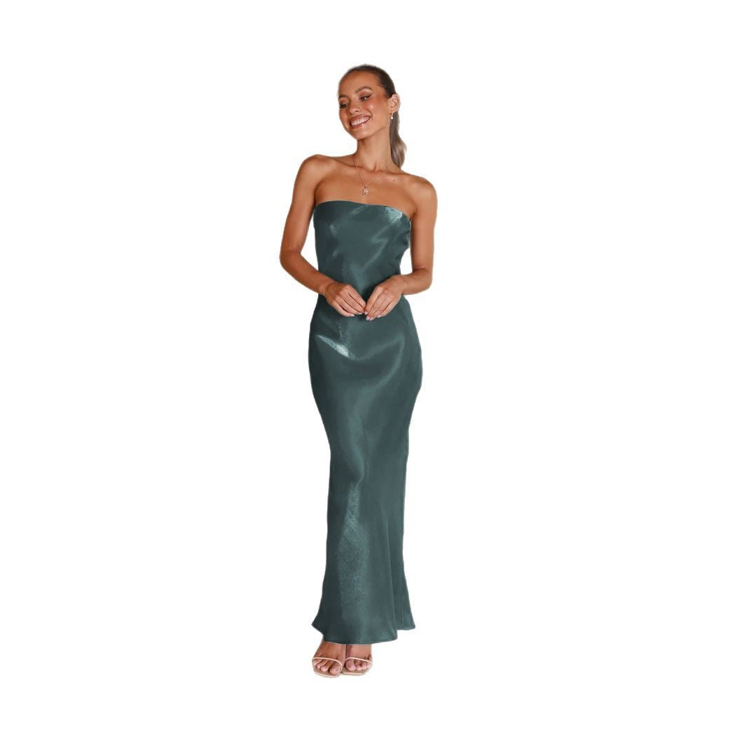 Damen Elegantes Bandeau-Maxikleid mit fließendem Satin und körpernaher Silhouette R&B