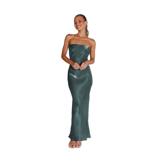 Damen Elegantes Bandeau-Maxikleid mit fließendem Satin und körpernaher Silhouette R&B