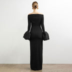 Damen Elegantes Langarm-Maxikleid mit Off-Shoulder-Ausschnitt und Rüschendetails EB