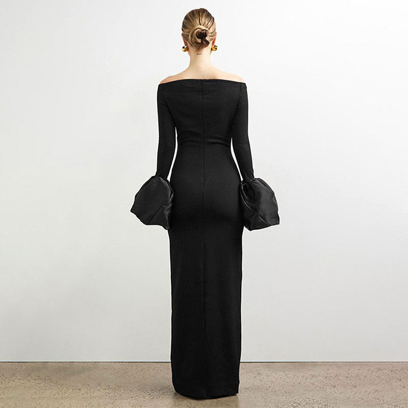 Damen Elegantes Langarm-Maxikleid mit Off-Shoulder-Ausschnitt und Rüschendetails EB